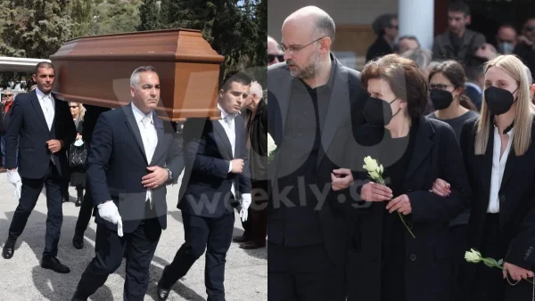 Βαρύ το κλίμα στην κηδεία του Λάκη Παπαστάθη - Τραγικές φιγούρες η Υβόννη Μαλτέζου και ο γιος της