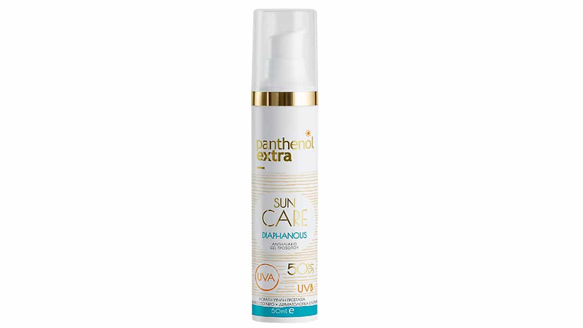 . Αντηλιακό τζελ προσώπου, Sun Care Diaphanous SPF50, Panthenol Extra (στα Φαρμακεία, medisei.gr)