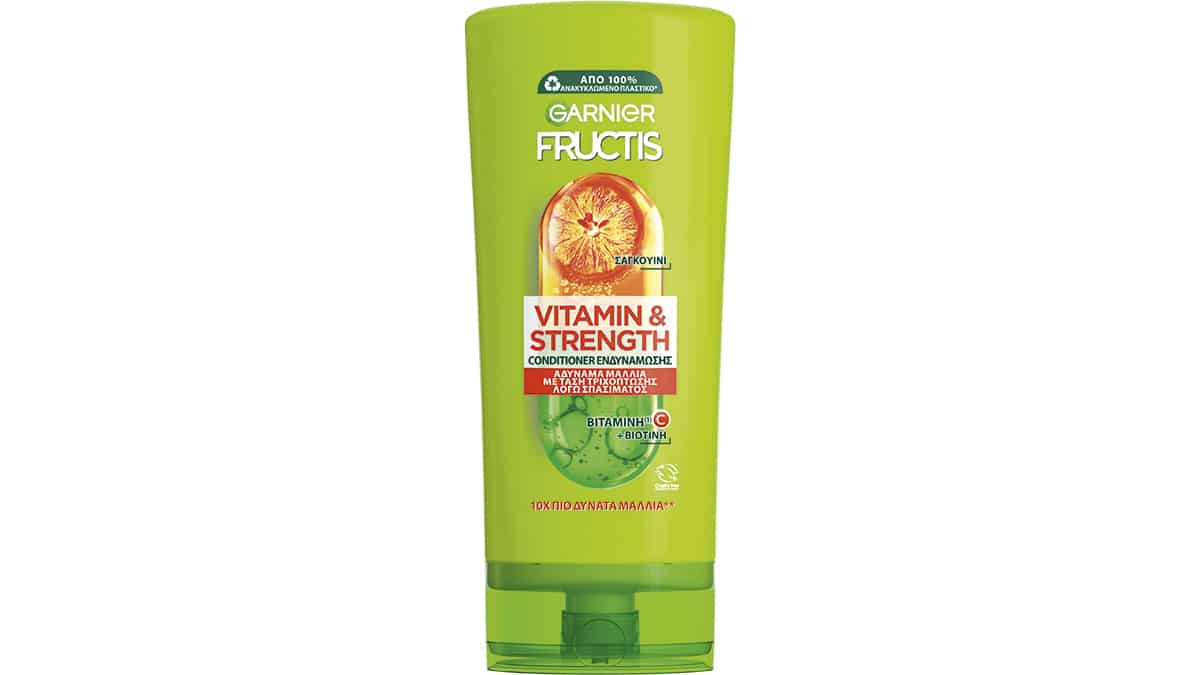 Conditioner ενδυνάμωσης για αδύναμα μαλλιά με τάση τριχόπτωσης λόγω σπασίματος, Vitamin & Strength, Fructis, Garnier, €3,96