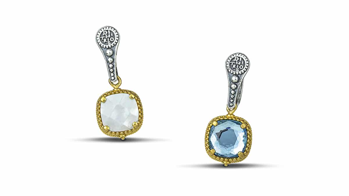 Σκουλαρίκια δύο όψεων με φίλντισι και Swarovski πέτρες σε περίτεχνο επίχρυσο περίγραμμα, Dimitrios Exclusive, €180, www.dimitrios-exclusive.gr