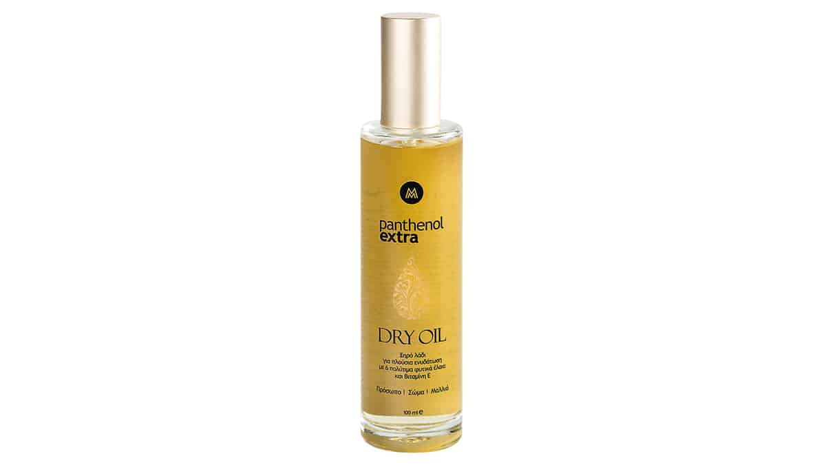 Ξηρό λάδι με 6 πολύτιμα φυτικά έλαια (Olive, Argan, Jojoba, Avocado, Aloe Vera, Apricot) και φυσική Βιταμίνη Ε, που προσφέρει θρέψη και ενυδάτωση σε πρόσωπο, σώμα και μαλλιά, Dry Oil, Panthenol extra (στα Φαρμακεία)